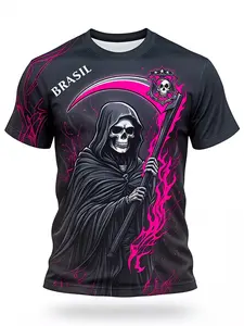 Men's Short Sleeve T-Shirt Death Pattern Flame Brazilian Text Casual Wear Game Activities Fitted Long Style All Seasons