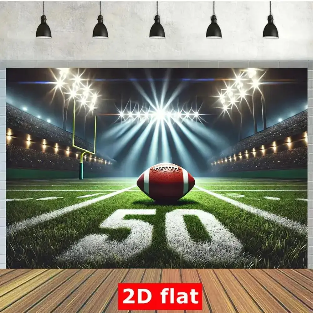 1PC 2D Flat American Football Backdrop Banner, Polyester Reusable 50-yd Line Stadium Scene Decoration for Home, Festive Parties, Birthday Photography, Happy Birthday, Flat 2D