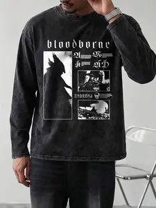 Men's Bloodborne Washed Vintage Round Neck Long Sleeve T-Shirt, Casual Fitted Style, All Seasons, Random Print