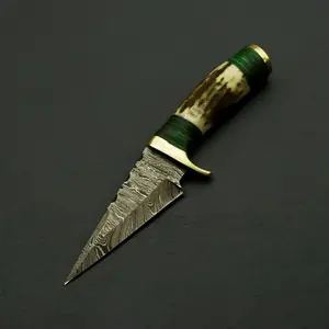 Damascus Knife 6" Inch Fireside Camping & Skinning Tool with StagHandle & Leather Sheath – Best Gift for Him