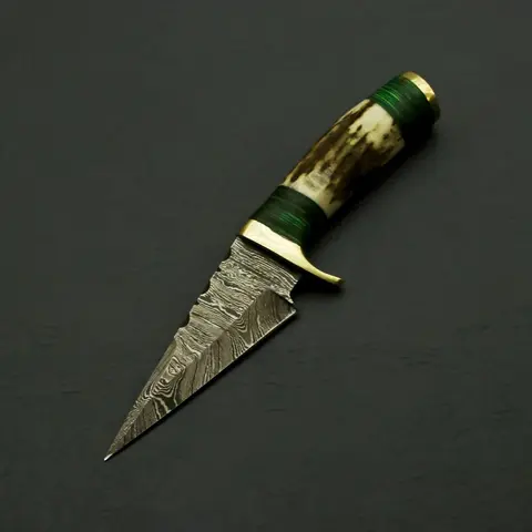 Damascus Knife 6" Inch Fireside Camping & Skinning Tool with StagHandle & Leather Sheath – Best Gift for Him