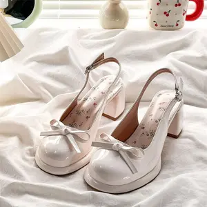 Ladies Cute Bow Slingback Heels Patent Leather Mary Jane Pumps with Adjustable Ankle Strap Comfortable Block Heel Platform Shoes for Women All Occasions
