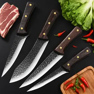 4PCS Kitchen Chef Knife, Butcher Knife Set Hand Forged Carbon Steel, Heavy Duty Meat Cleaver Set with Fillet Knife, Boning Knife & Paring Knife, Wood Handle