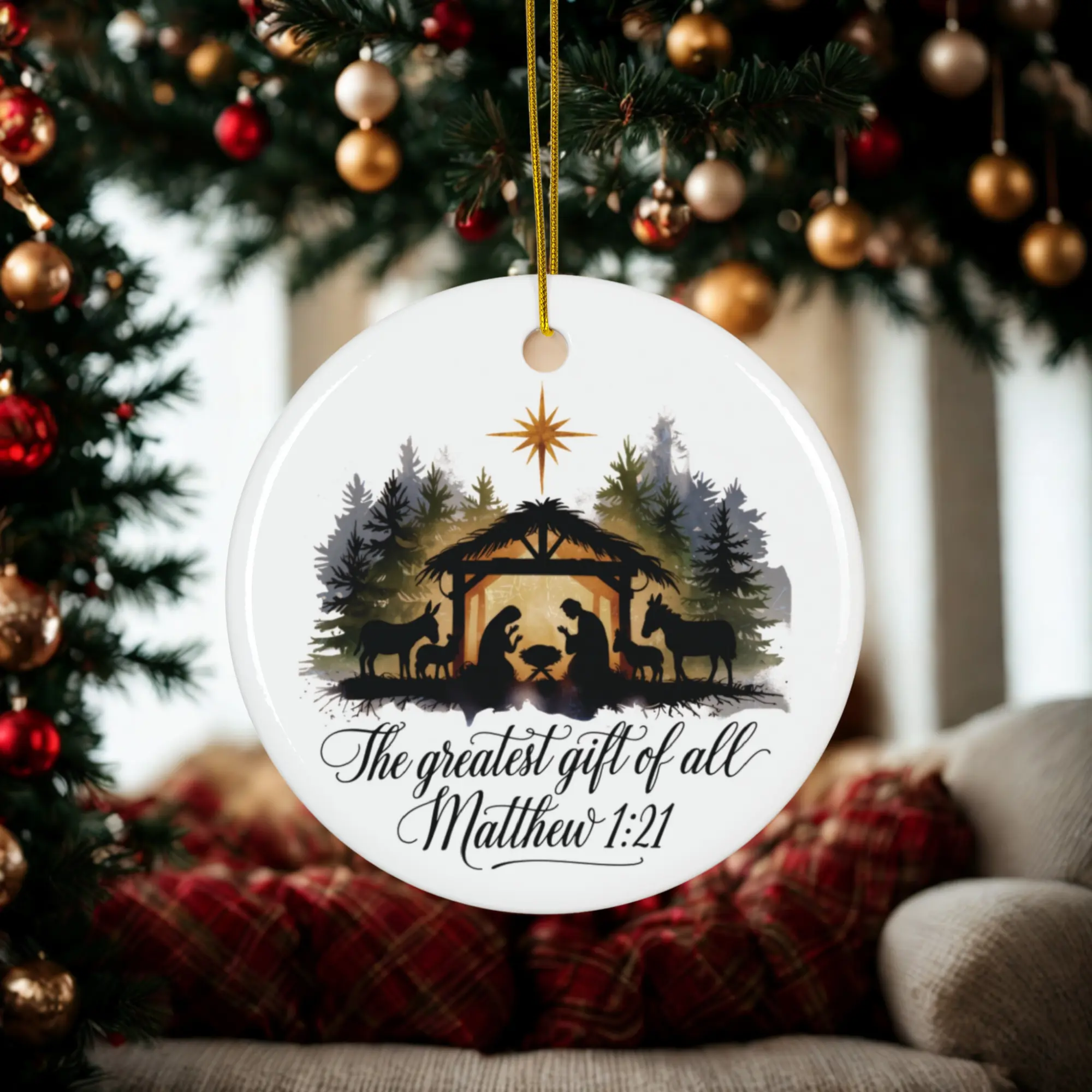 Nativity Ornament, Christian Christmas Decor, Greatest Gift of All, Matthew 1:21 Bible Verse Ornament, Religious Keepsake