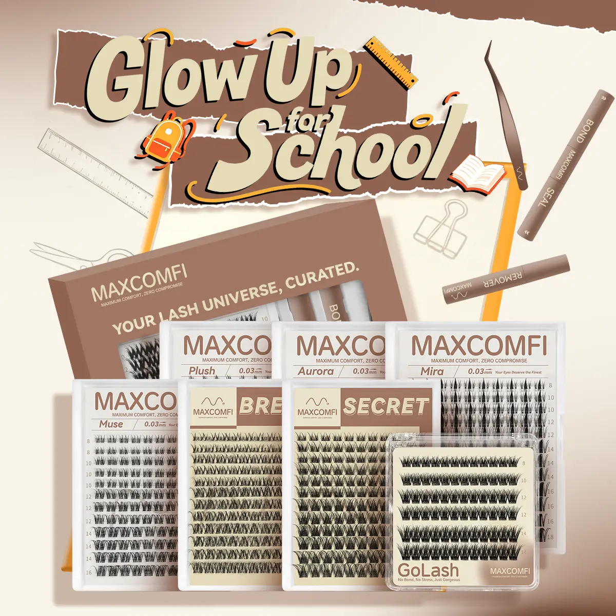 MAXCOMFI Pro DIY Cosmetic Cluster Lashes Set, Limited-Time Deal, Waterproof Long-Lasting Venus Velure Style, Natural to Voluminous Anime Manga Lashes for Beginners, Makeup Essential, Anime Lashes Summervibes,sunscreen,back to school