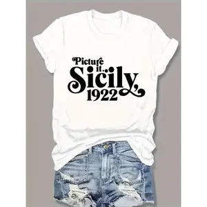 Letter Print T-shirt, Short Sleeve Crew Neck Casual Top for Summer & Spring, Women's Clothing