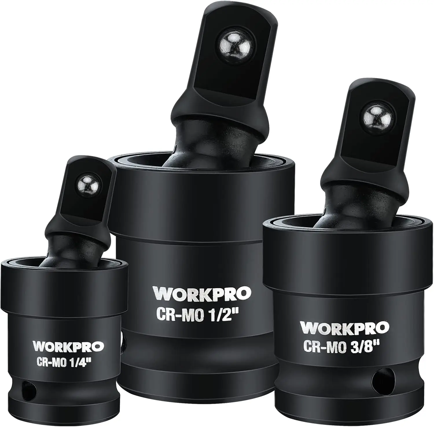 WORKPRO 3-Pack Universal Joint Swivel Socket Set for Mechanic Tools, Cr-Mo Steel, 360° Rotate, 1/4", 3/8" & 1/2" Drive