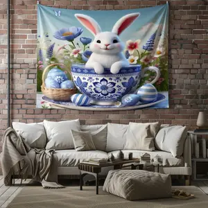 Blue And White Porcelain Cup White Bunny Tapestry (1 Pc): Blue And White Porcelain cup white bunny print, drape wear-resistant no easy wrinkling,  fits bedroom walls, elegant spring backgrounds