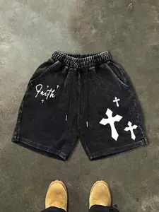 Men's printed shorts, adorned with letters and cross patterns, retro casual washed drawstring shorts