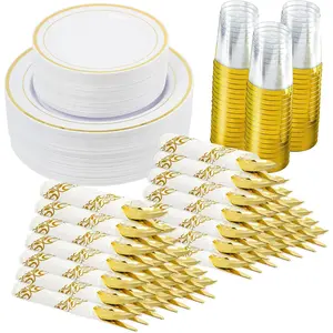 350 count  Disposable Plates for 50 Guests, Disposable Plastic Plates for Party, Wedding, Dinnerware Set of 50 Dinner Plates, 50 Salad Plates,50 Cups and 50 Paper Napkins,