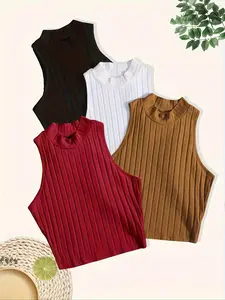 Women's Solid Ribbed Mock Neck Tank Top, Casual Sleeveless Top for Daily Wear, Ladies Clothes for All Seasons