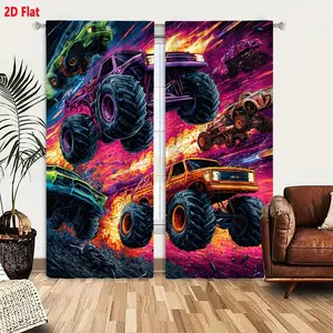 2D Flat 2-Piece Monster Truck Themed Curtain Set, High-Energy Dynamic Scene with Vibrant Pink/Purple/Orange Background, Large Tires & Glowing Accents, Perfect for Kids' Room Racing Decor