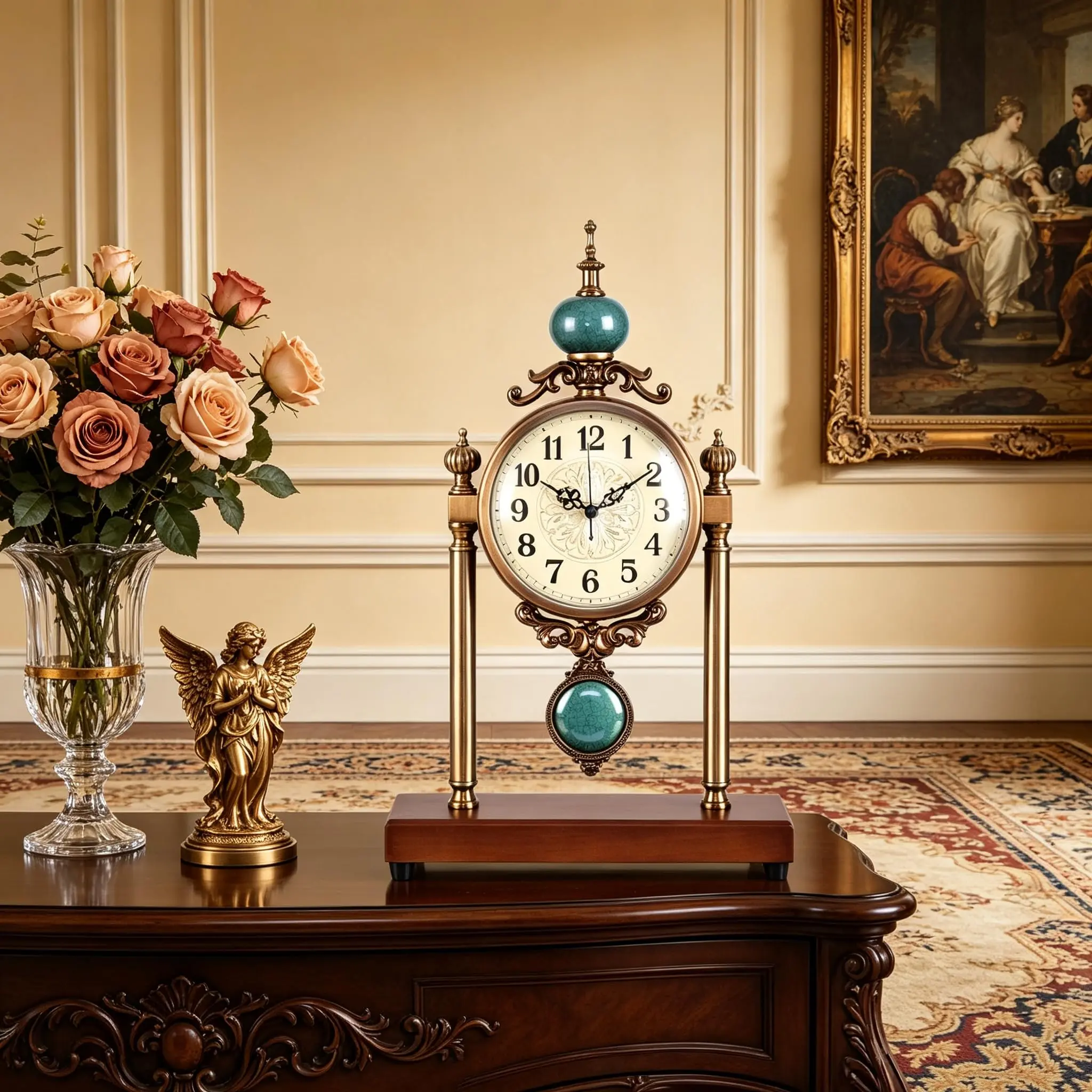 Vintage Mantel Clock, Silent Non-Ticking Table Clock with Pendulum, Luxury Metal & Wood Desk Clock for Living Room, Bedroom, Study Room Decor