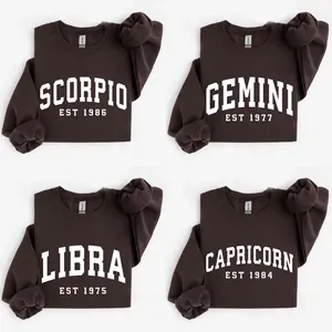 (LEAVE A NOTE OR DM SHOP) Custom Zodiac Sweatshirt with Est Year - Dark Chocolate, Cute Horoscope Astrology Graphic Sweatshirt, Unisex Crewneck Sweatshirt, Personalized Zodiac Energy Gift for Birthday, Star Sign Lovers, Celestial Sweatshirt - AL