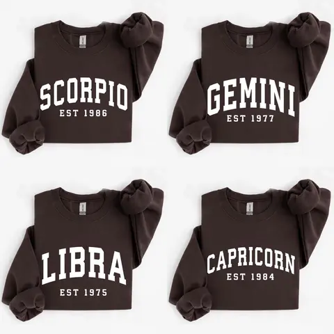 (LEAVE A NOTE OR DM SHOP) Custom Zodiac Sweatshirt with Est Year - Dark Chocolate, Cute Horoscope Astrology Graphic Sweatshirt, Unisex Crewneck Sweatshirt, Personalized Zodiac Energy Gift for Birthday, Star Sign Lovers, Celestial Sweatshirt - AL