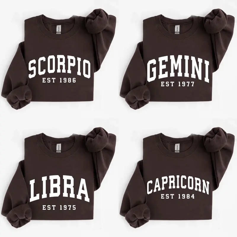 (LEAVE A NOTE OR DM SHOP) Custom Zodiac Sweatshirt with Est Year - Dark Chocolate, Cute Horoscope Astrology Graphic Sweatshirt, Unisex Crewneck Sweatshirt, Personalized Zodiac Energy Gift for Birthday, Star Sign Lovers, Celestial Sweatshirt - AL