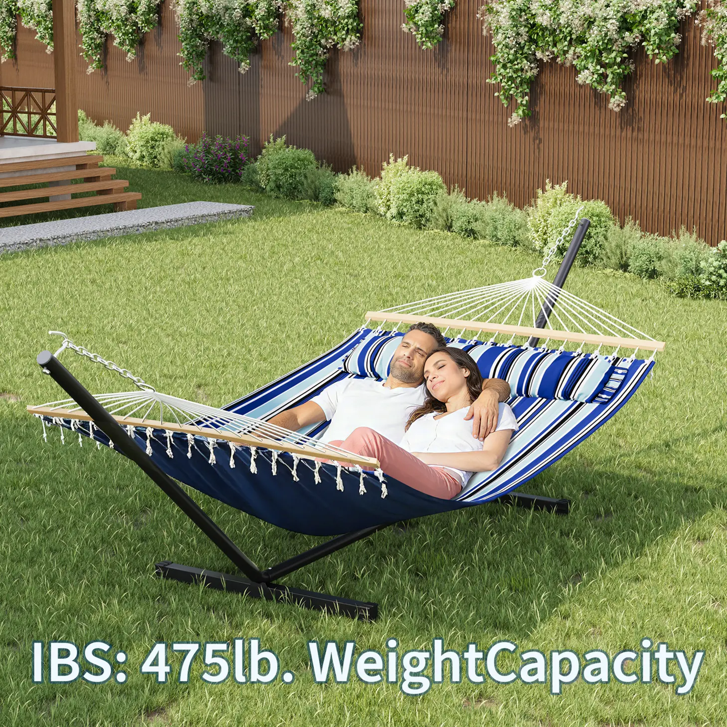 Heavy Duty Portable Double Hammock with Stand for 2 Adults,  Spacious, Durable, Quilted Fabric Hammock Bed, Freestanding Outdoor Hammock for Patio, Garden, Yard, Lawn, or Camping
