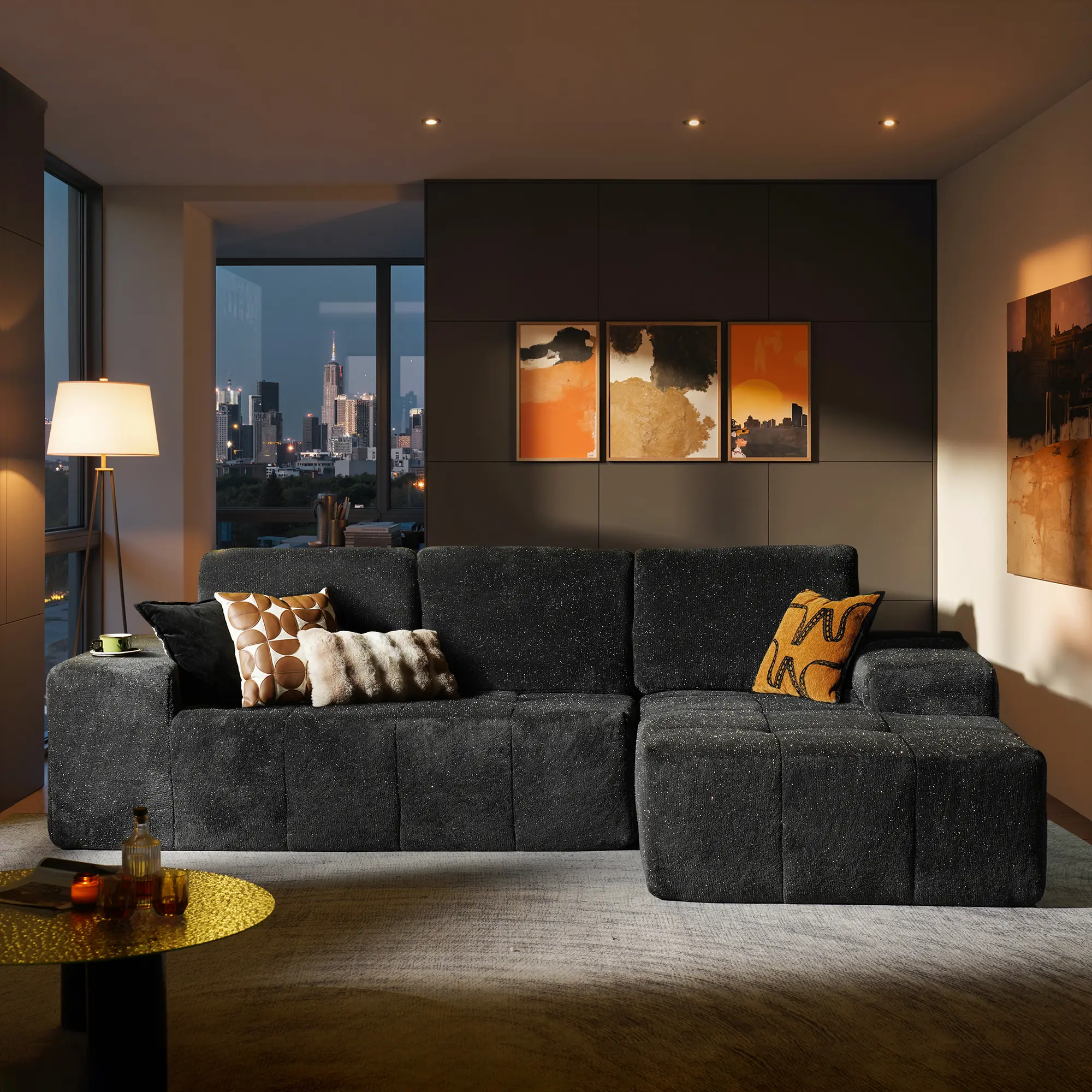 114" Stardust Grey Shimmer Plush Right Chaise