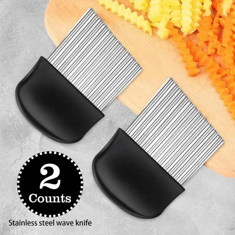 2-Piece Large Wavy Cutter Set — French Fry Slicer, Crinkle-Cut Potato Knife, Fruit & Vegetable Wavy Shredder — Kitchen-Grade Stainless Steel Cutting Tools