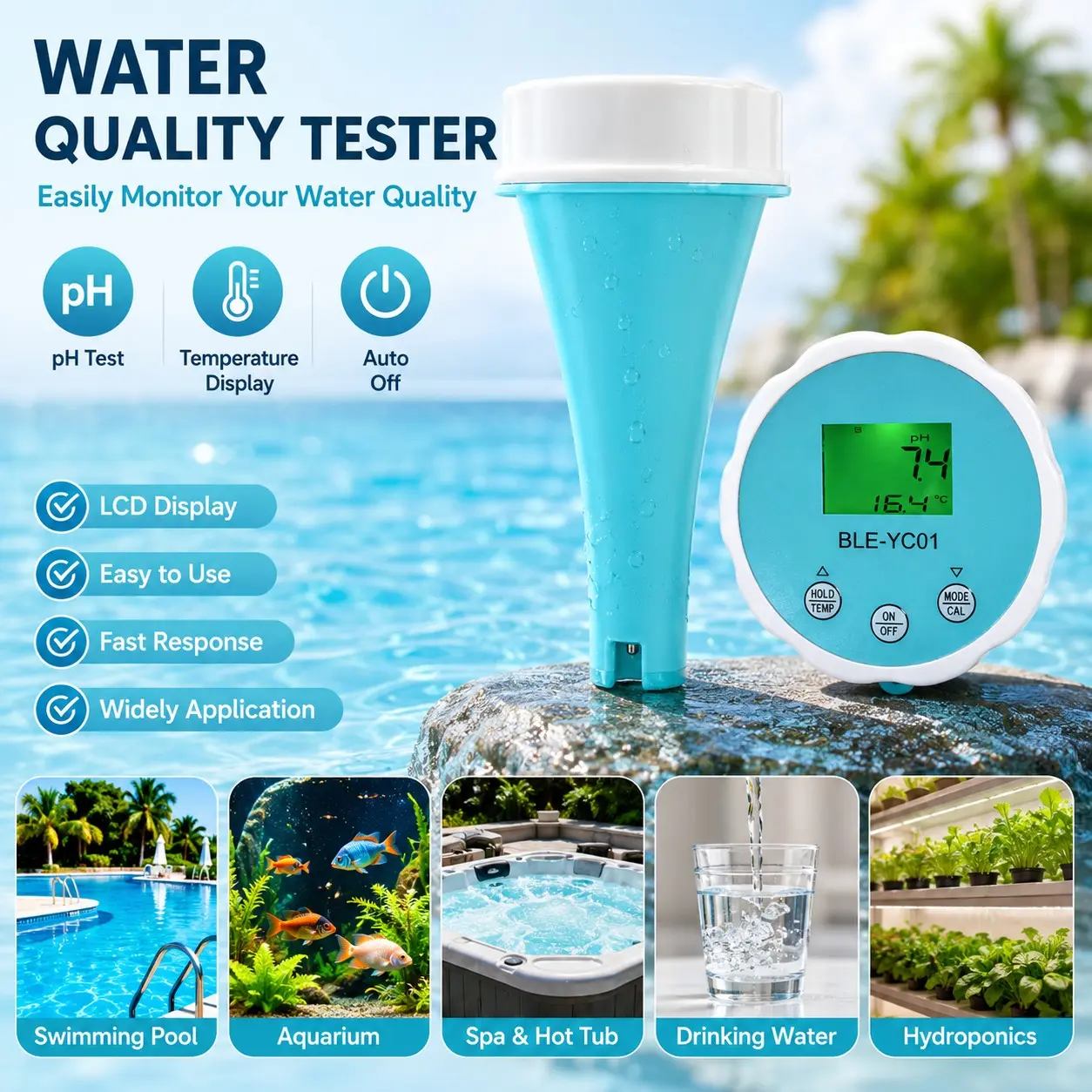 Ble-Yc01 Smart Water Quality Tester, Ph Meter, 1m Probe, Detects Residual Chlorine, Tds, Ec, Orp, Temperature, Bluetooth-compatible APP Sync, Aquarium Pool Monitoring