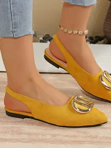 Women's Summer Flat Heel Pointed Toe Elastic Slip-On Comfortable Square Buckle Decorative Sandals, Fashion Shoes, Rubber, Footwear