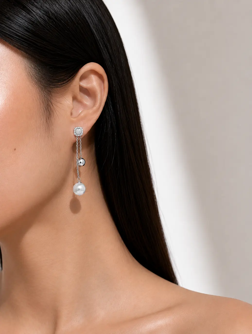 Modern Pearl Drop Earrings with Long Chain and Square Stud | Sterling Silver CZ Dangle Earrings  | Modular Design