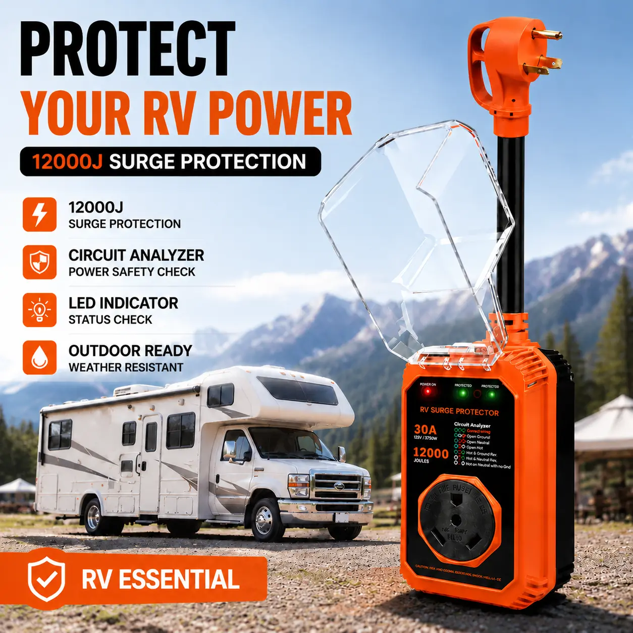 RV Surge Protector 30A/50A with Circuit Analyzer, 18000J Power Protection, Waterproof Outdoor RV Electrical Safety Device for Camper Trailer Motorhome