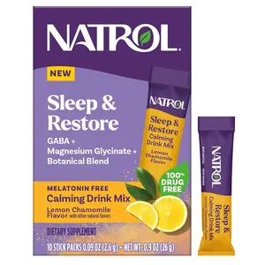 Natrol Sleep + Restore Calming Drink Mix with Magnesium Glycinate, Magnesium Sleep Aid, Melatonin-Free, Lemon Chamomile, 10 Stick Packs