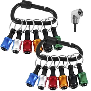12Pcs 1/4" Hex Shank Bit Holder Kit, Aluminum Alloy Screwdriver Drill Bit Holder with 105° Right Angle Attachment - Quick Change Organizer, Keychain Design, for Power & Hand Drills, Durable
