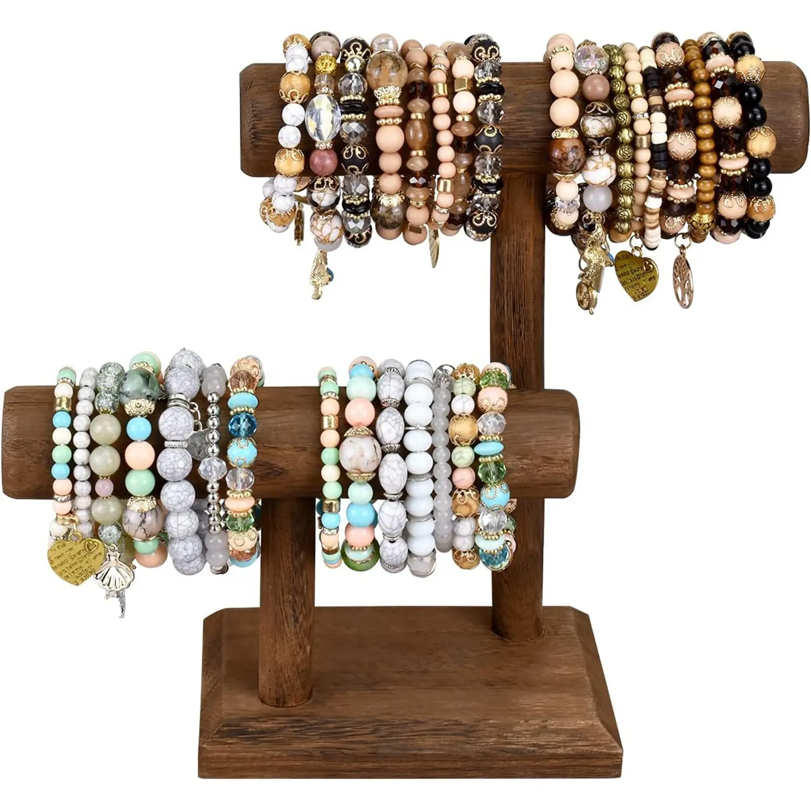 Double Layer Wooden Jewelry Display Stand, Bracelet Watch Necklace Storage Tower, Suitable for Bangles and Hair Ties, Multilayer Storage, Durable Stackable Storage Organizer, Decorative Organizer, Accessory Holder