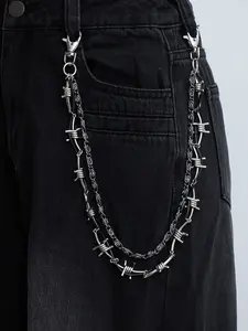 Punk Style Leather Cord Thorn Metal Belt Chain for Men & Women, Hip Hop Double Layer Metal Wallet Chain, Fashion Pants Chain Key Chain for Jeans, Trouser, Shorts, Daily Clothing Decor, Adjustable Waist Chain