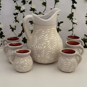 White Barro Talavera pitcher and mugs gift set. Table gift set. Juego de cafe barro blanco.