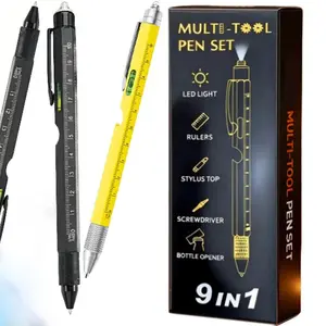 9 in 1 Multitool Pen Set for Men - Cool Gadgets with LED Light, Ruler, Stylus, Screwdriver, Bottle Opener, Phone Holder, Bubble Level & Ruler - Perfect Father's Day & Christmas Gift for Dad, Husband, Boyfriend