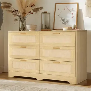 【JOYVELLEHEIM】6 Drawer Rattan Dresser for Bedroom, Double Dresser with Deep Drawers,Wood Storage Chest of Drawers, Wooden TV Stand with Gold Handles,Wide Top,for Living Room,Hallway hidden