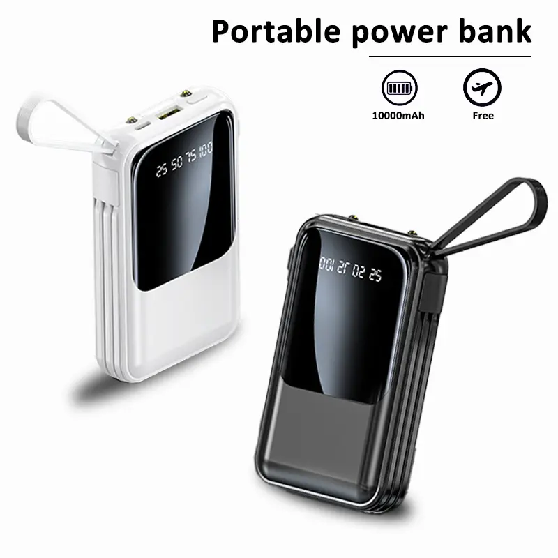 Mini Power Bank with Four Cables Built-in 10000mAh Portable Digital Display Mobile Charger USB Type-C Smartphone Charging power bank