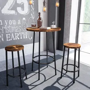 LinkRomat Bar Table and Chairs Set, 3 Piece Round Pub Dining Table Set with Bar Stools, Space-saving Counter Height Wood Top Bistro Table for 2 With Metal Frame for Kitchen, Bistro, Pub