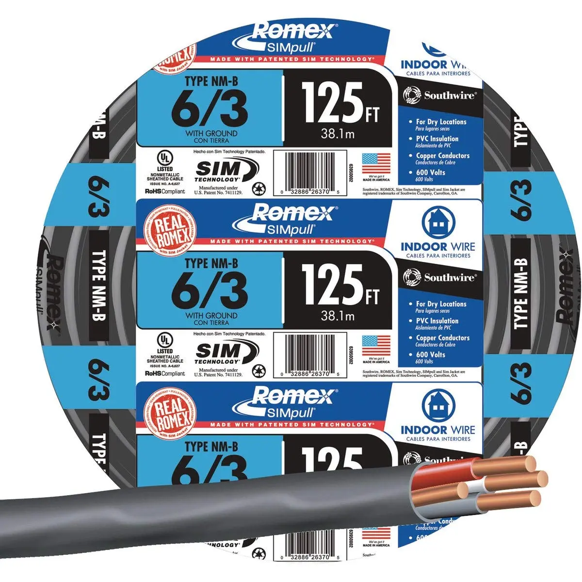 Southwire 6/3 NM-B Stranded Copper Wire with Ground 125 ft Black (63950002)