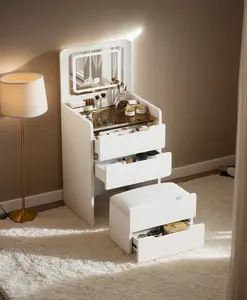 3 in 1 Vanity Desk with Flip Top Mirror Small Make Up Vanity Set with Visible Glass Desktop Compact Makeup Vanity with 3 Drawers Cushioned Seat Dressing Table for Bedroom Assembly Required