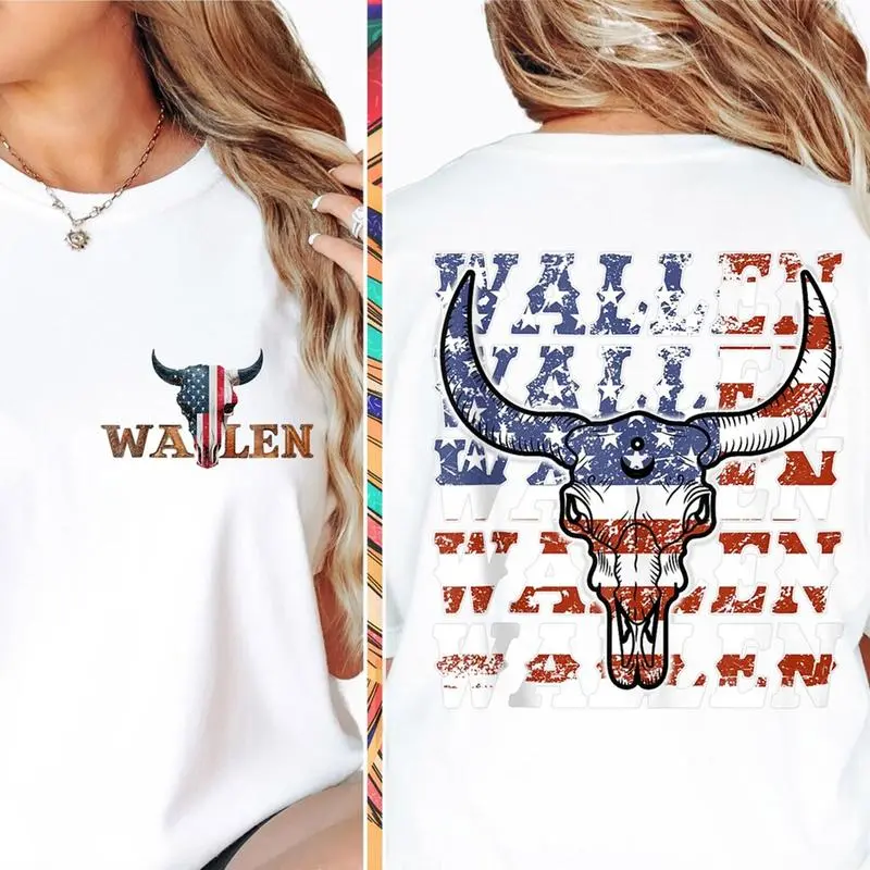 Women's Casual Round Neck Wallen 4th of July Patriotic Bull Skull T-Shirt, Unisex Streetwear Top, Ideal Gift