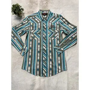Rock and Roll Rob RR Aztec Stripe Print Long Sleeve Snap Bright Turquoise