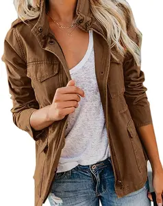 Women Military Anorak Jackets Zip Up Snap Buttons Parka Safari Utility Coats Outwear with Pocket