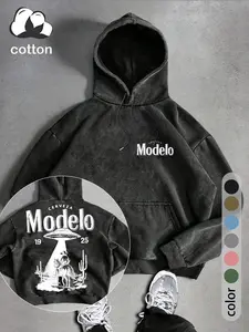 UFO & Western Cowboy Two-Sided Washed Hoodie for Men, Retro Streetwear Hooded Sweatshirt, Vintage Casual Fashion Hoodie