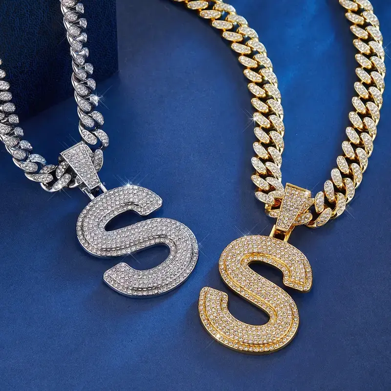 Shiny Initial A/ S/ N/ M Pendant Necklace, Double Alphabet Pendant with 13mm Cuban Chain - Hip Hop Jewelry for Men and Women