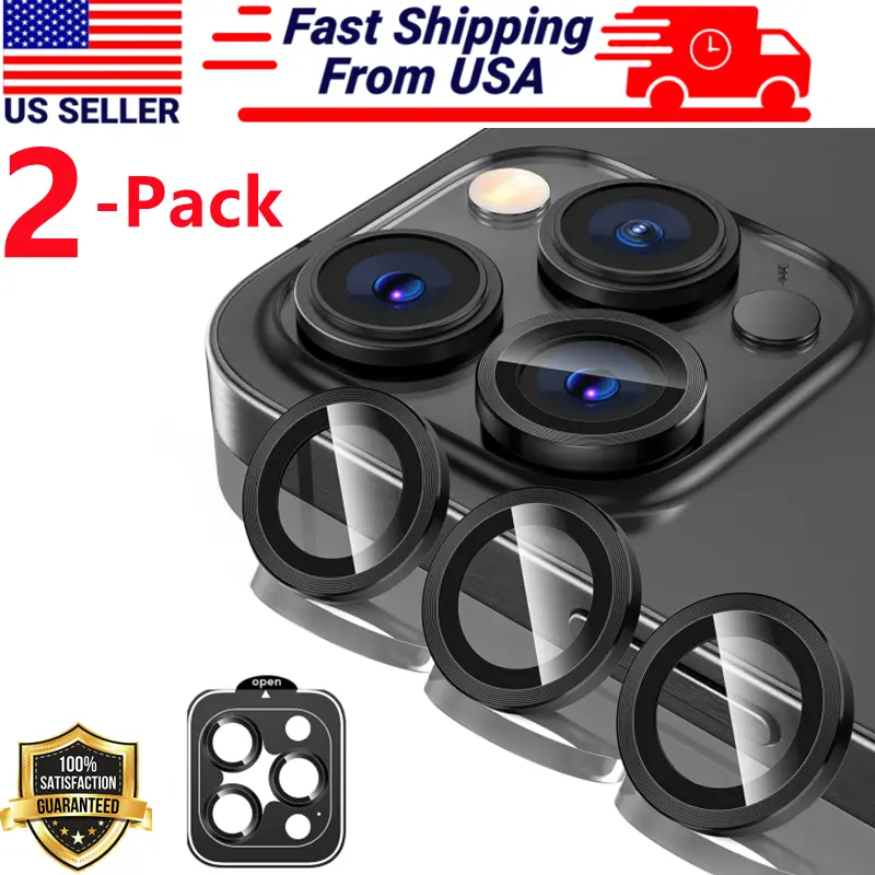 2 Set For iPhone 15 Pro Max/15 Plus/15/15 Pro Metal Ring Tempered Glass Camera Lens Protector