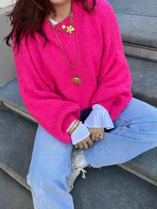 Women's Hot Pink Oversized Sweater, Winter Casual Bright Crew Neck Pullover, Loose Fitting Fuchsia Knit Top, Knitwear, Everyday Wear
