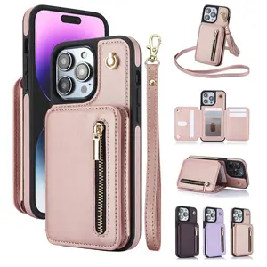PU leather zipper wallet phone case, anti fall full edge mobile phone case with wrist strap and Lanyard, shockproof phone protection cover iPhone 17 Pro Max 17 Pro 15Pro Max Cases 14 13 12 iPhone 11 Cases, Back to school gifts