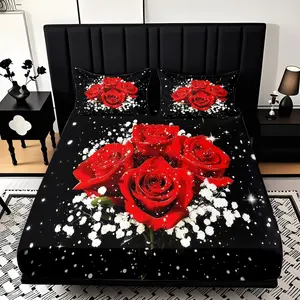 2/3 Pcs Red Rose Night Scene Pattern Theme Fitted Sheet Set(1*Fitted Sheet+1/2*pillowcase,no Filling)Skin-friendly Soft Digital Printed Bedding Set,suitable For New Year,festival Gifts For Family.suitable For All Year Round,machine Washable.