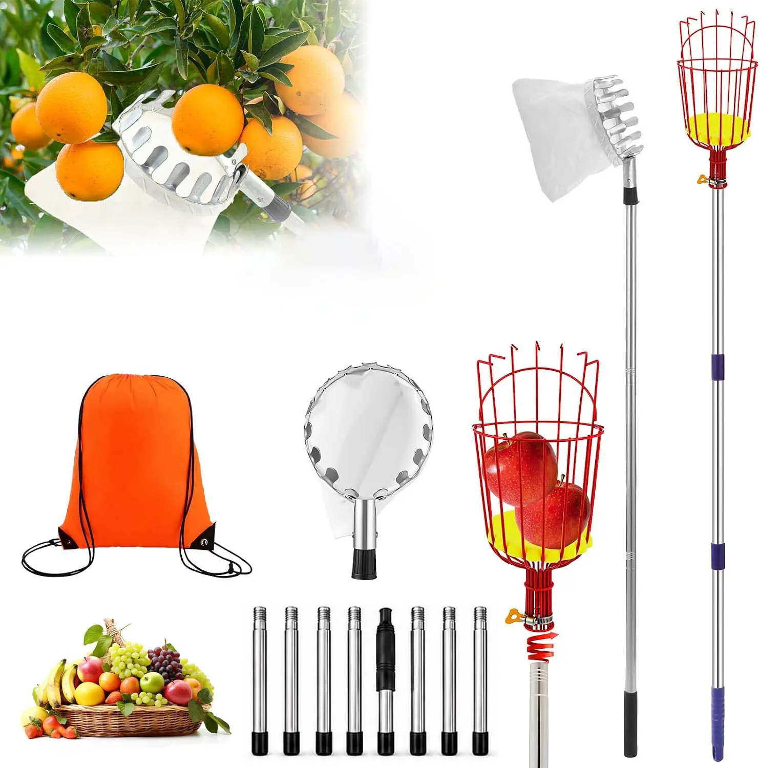 10.5FT Adjustable Fruit Picker Pole with Wire Basket and Bag Basket,Adjustable Fruit Picker Pole with Universal Thread Head,35-243 Inch,Pick Fruit Tool,Suitable for Picking Apples,Mangoes and Others