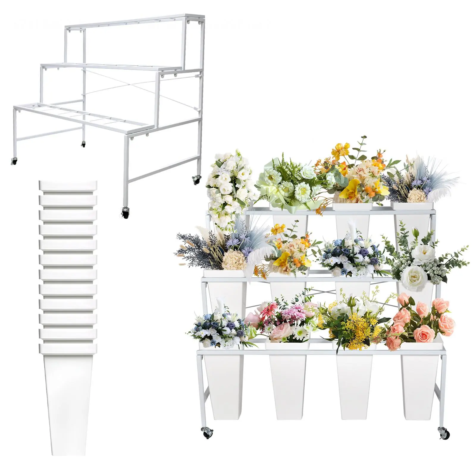 3-Tier Rolling Flower Display Cart with 12 Buckets, Lockable Wheels for Mobility, Stable Heavy-Duty Metal Plant Stand with Removable Buckets, Ideal for Florist Shops, Weddings, Clubs & Indoor-Outdoor Use, 39.3"L X 23.2"W X 35.4"H