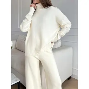 Women's 2pcs Winter Sweatsuit Set - Oversized Turtleneck Sweater & Wide-Leg Pants, Soft Beige Solid Color, Cozy Casual to Formal Outfit, Minimalist Elegant Design, Easy Care (Hand Wash/Dry Clean) - Versatile Everyday & Formal Wear, White Sweater with Slit